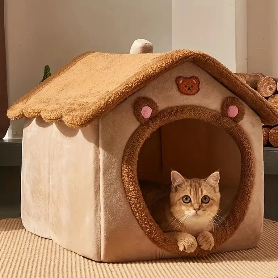 Foldable Cat House Bed – Soft Washable Indoor Cave