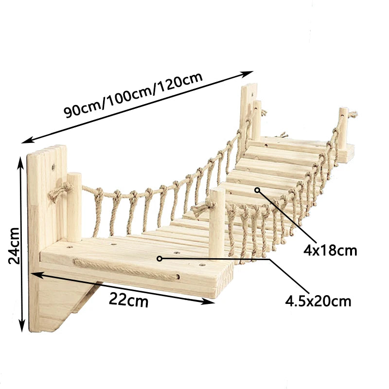 Wall Mounted Wooden Cat Bridge – 3 Sizes (Hammock & Sisal Ladder)