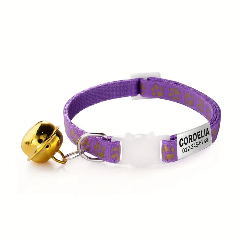 Custom Engraved Cat Collar – Reflective with Bell & ID Tag