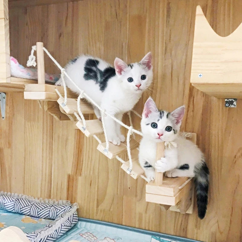 Wall Mounted Wooden Cat Bridge – 3 Sizes (Hammock & Sisal Ladder)