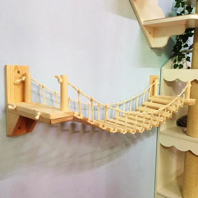 Wall Mounted Wooden Cat Bridge – 3 Sizes (Hammock & Sisal Ladder)